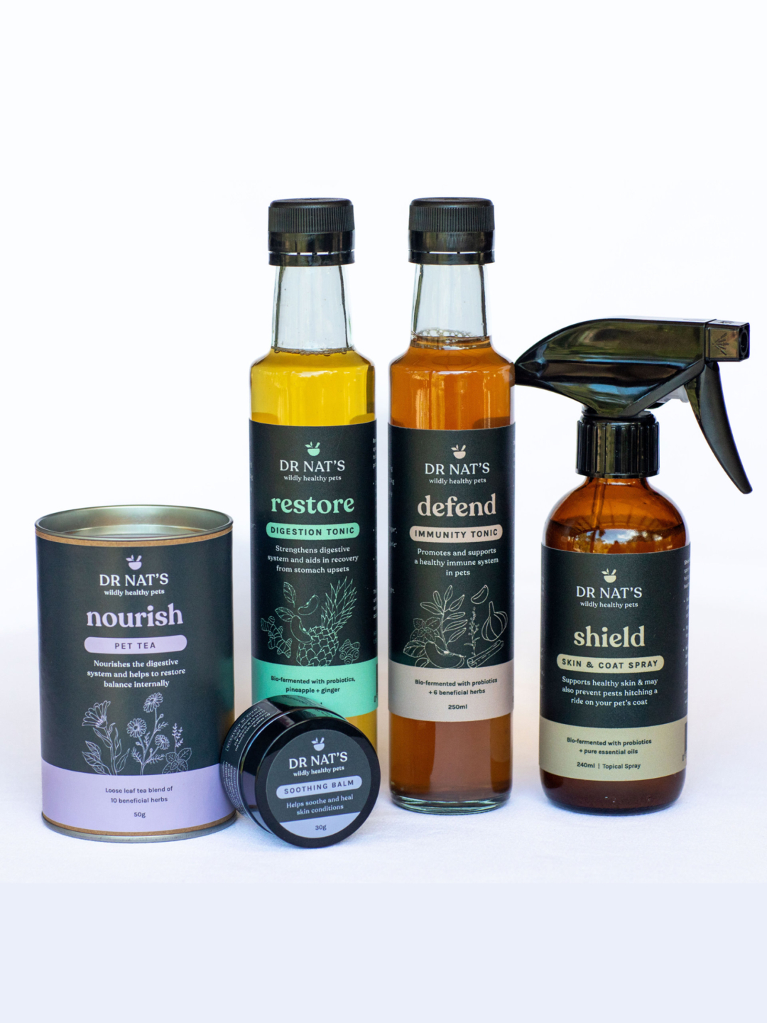 Dr Nat s natural pet health pack includes: 1 x Defend Immunity Tonic, 1 x Restore Digestion Tonic, 1 x Shield Skin & Coat Spray, 1x Nourish Pet Tea, 1 x Soothing Balm