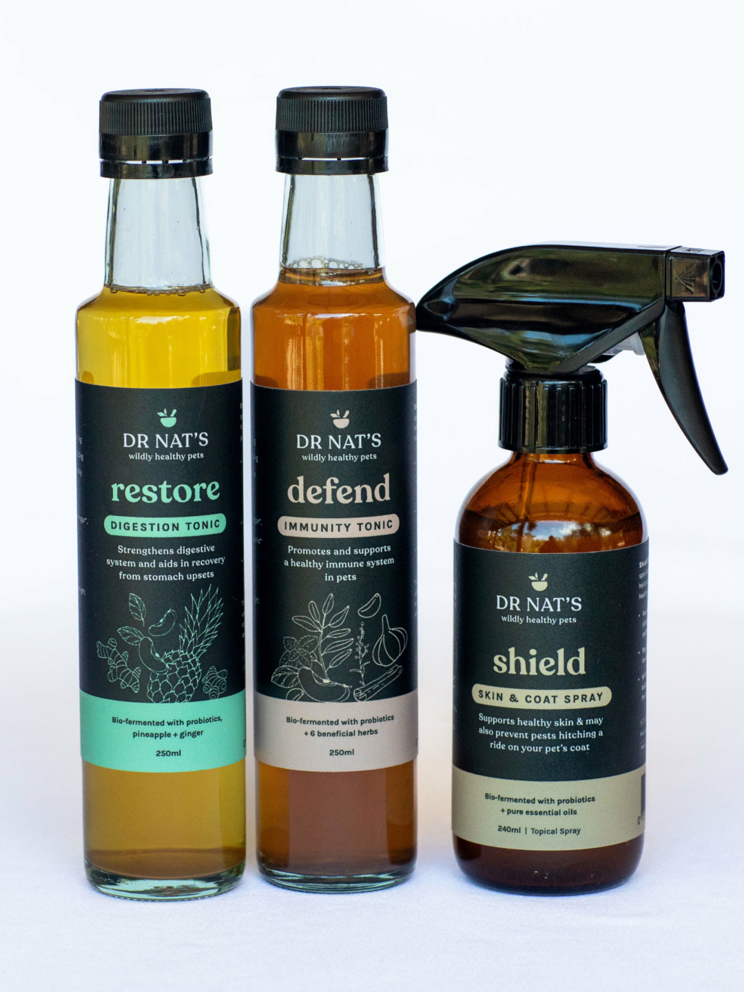 Dr Nat s natural pet health pack includes: 1 x Defend Immunity Tonic, 1 x Restore Digestion Tonic, 1 x Shield Skin & Coat Spray